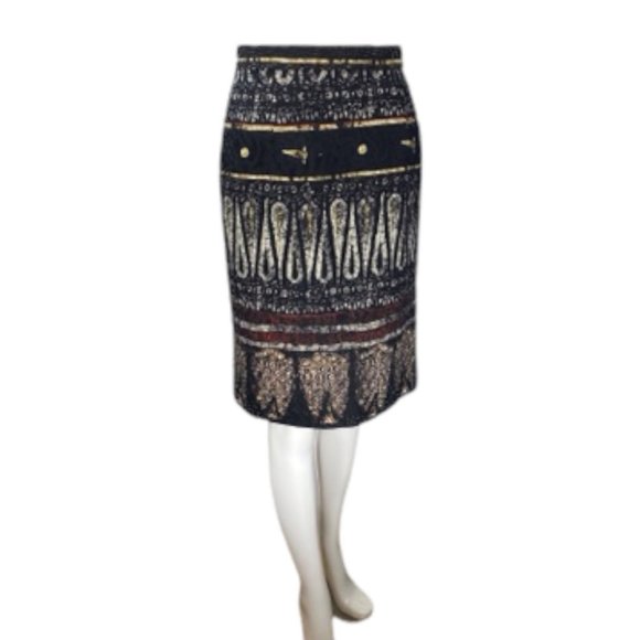 Patricia Rhodes Black Wool Silk Blend Ethnic Print Skirt 6 - Picture 11 of 12